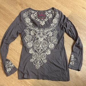 Johnny Was Charcoal Long Sleeve Top with Ivory Embroidery